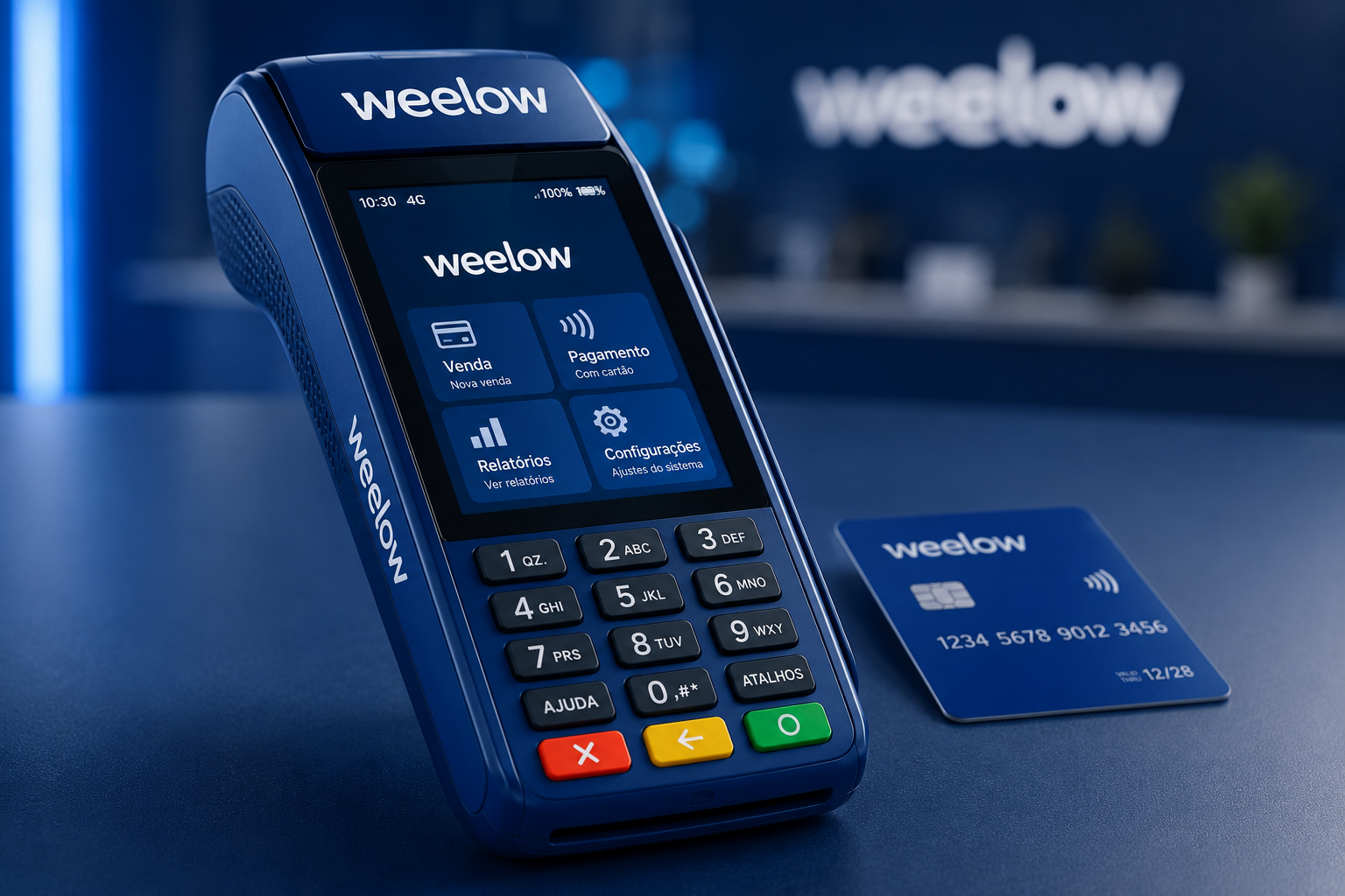 Maquininha de cartão Weelow com cartão da bandeira Weelow