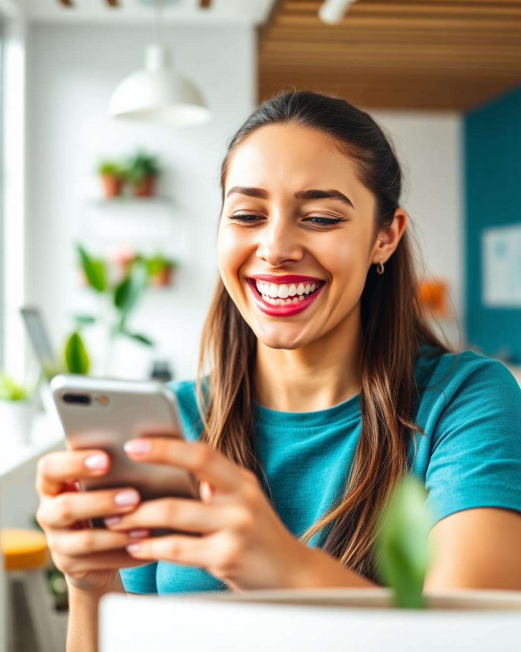 Paciente sorrindo enquanto conversa com a clínica pelo WhatsApp