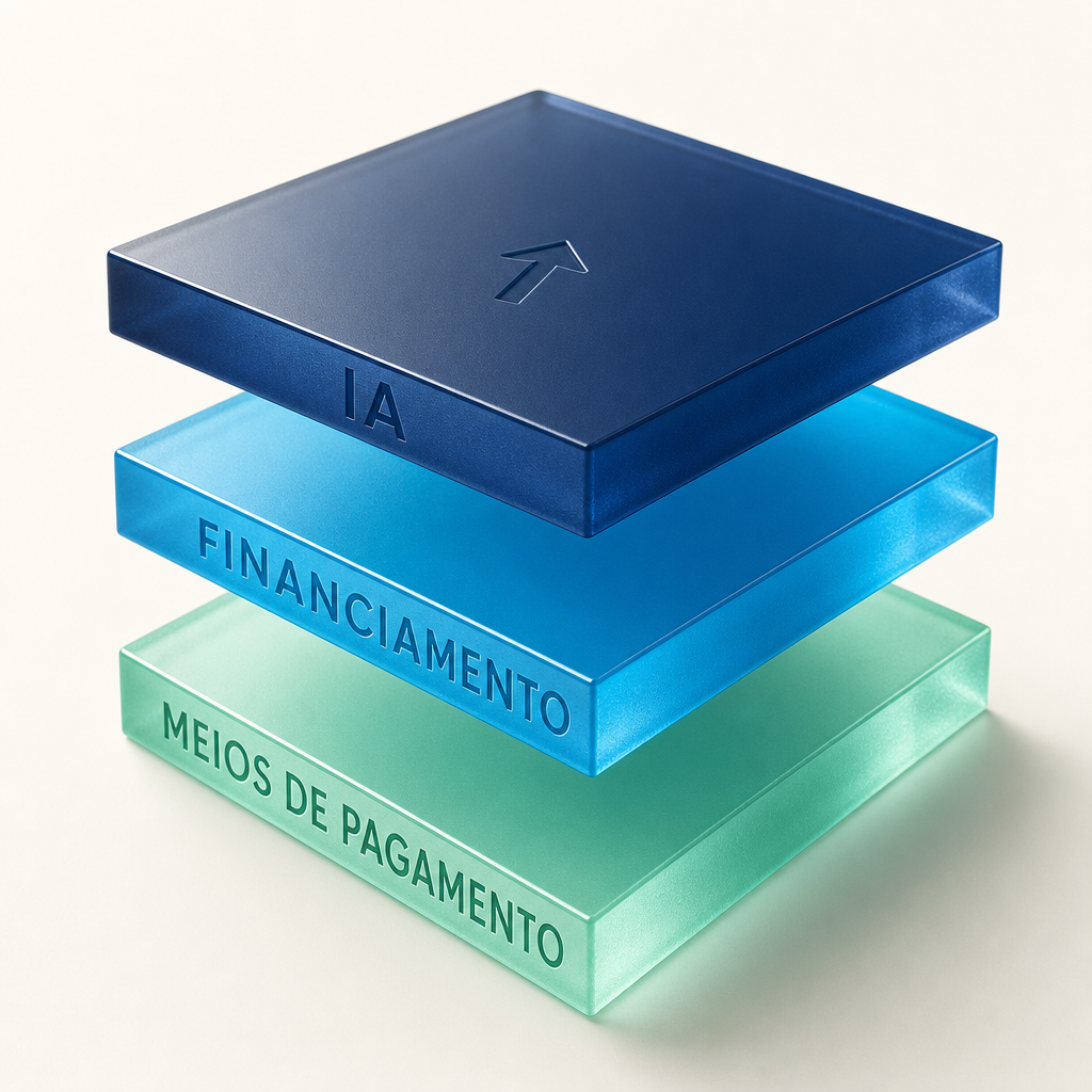Três camadas empilhadas: sistema atual, IA Weelow e Crédito — a infraestrutura que gera receita em cima do que a clínica já tem